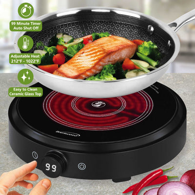 Brentwood Select TS-383DBK 1300w 10-Inch Countertop Infrared Single Burner with Digital Touch Buttons, Knob, 9 Heat Settings, 99 Minute Timer, Black