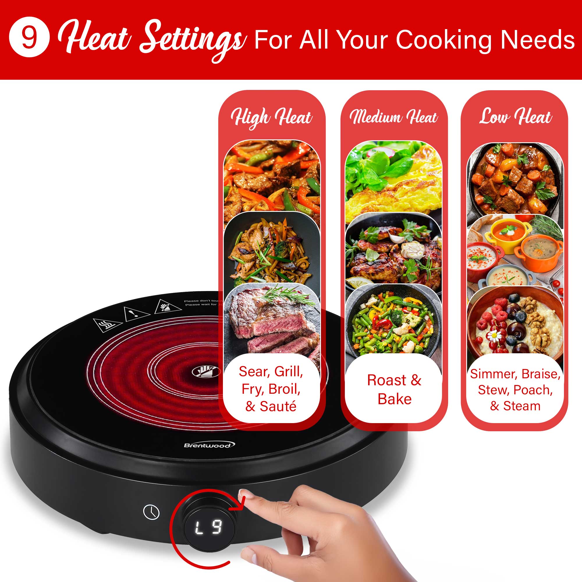Brentwood Select TS-383DBK 1300w 10-Inch Countertop Infrared Single Burner with Digital Touch Buttons, Knob, 9 Heat Settings, 99 Minute Timer, Black