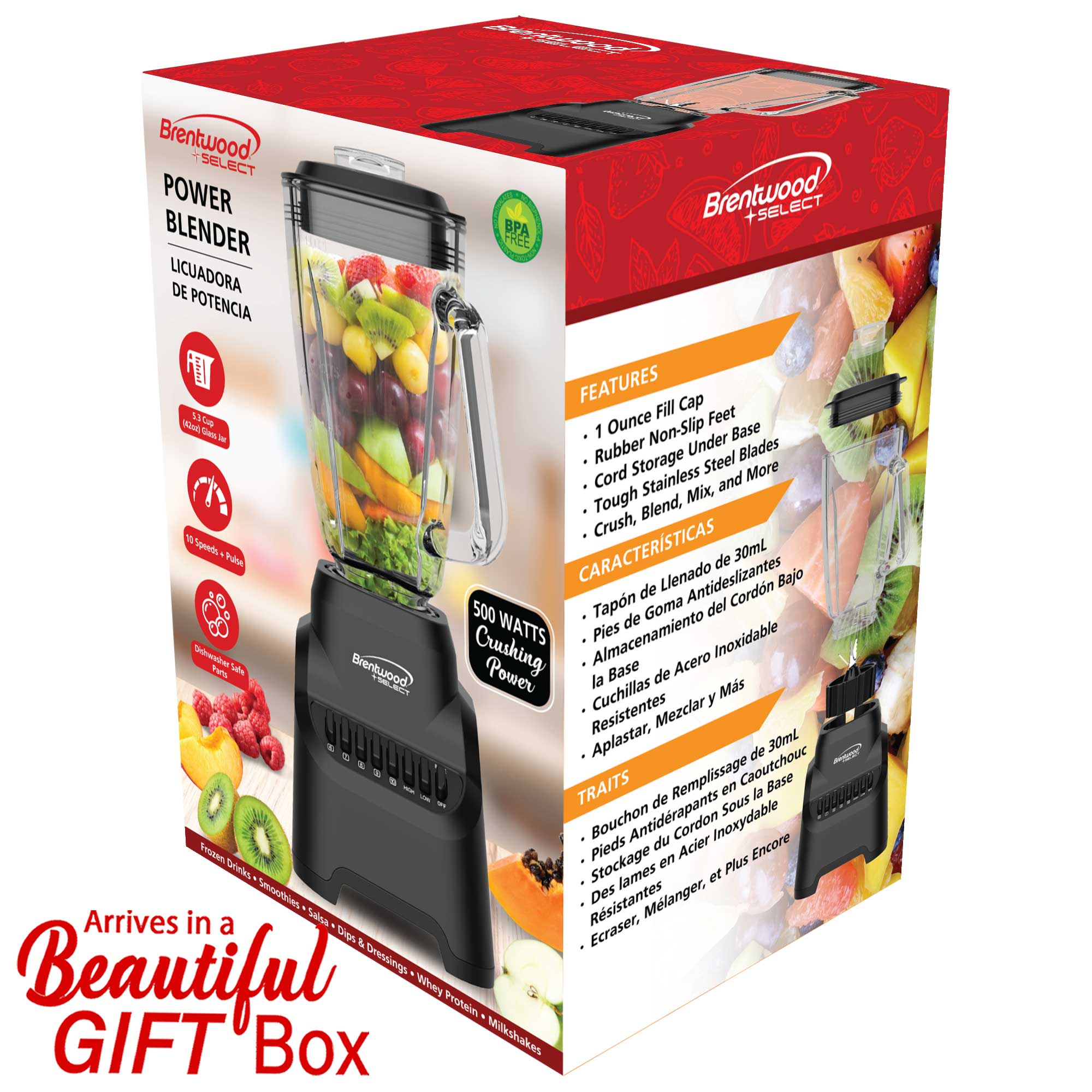 Brentwood Select JBS-500BK 10-Speed Countertop Blender with Pulse Button, 5.3-Cup Glass Jar, Stainless Steel Blades, Non-Slip Base, Dishwasher-Safe Parts, Black