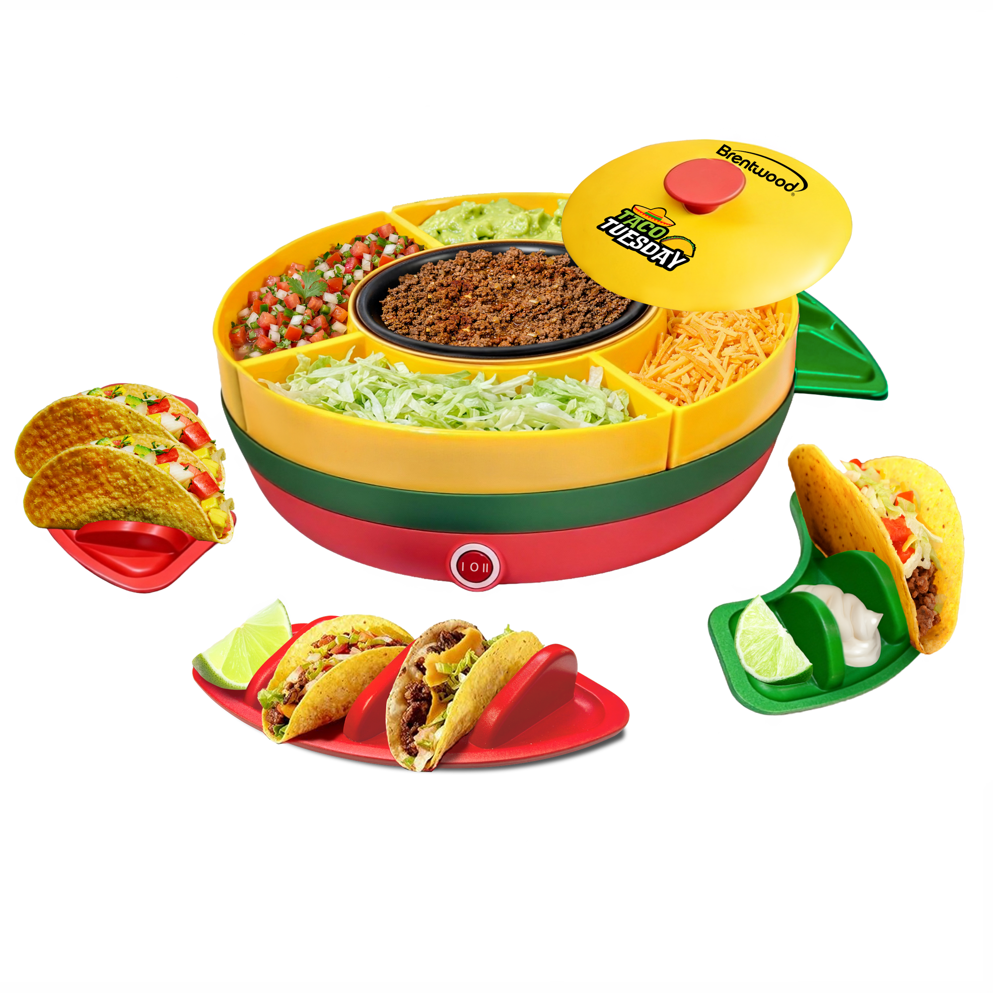 Coming Soon - Brentwood TS-607MC Brentwood Taco Tuesday Heated Taco Bar Serving Set, 4 Taco Holders, 20oz Warming Pot, 6 Filling Trays, Spinning Lazy Susan for Sharing