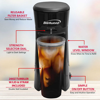 Brentwood KT-2121BK Single Serve Iced Coffee and Tea Maker with 20oz Insulated Tumbler and Reusable Filter, Black