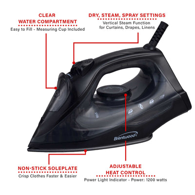 Brentwood MPI-51BK 1200W Lightweight Non-Stick Steam Iron with Extra Long 8FT Cord, Black
