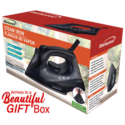 Brentwood MPI-51BK 1200W Lightweight Non-Stick Steam Iron with Extra Long 8FT Cord, Black