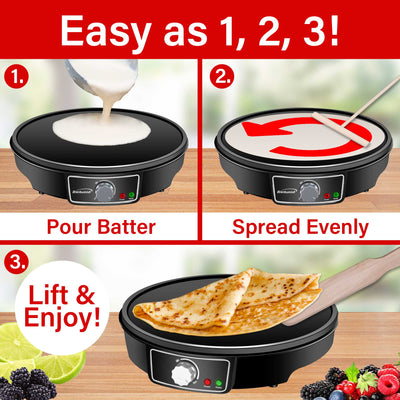 Brentwood TS-602BK 12-Inch Electric Non-Stick Crepe Pancake Maker and Griddle with Spatula and Spreader, Black