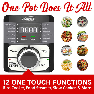 Brentwood TS-1320S 12-Function Multi-Cooker - Low Carb Rice Cooker, Food Steamer, Slow Cooker, Sauté, and More, Stainless Steel