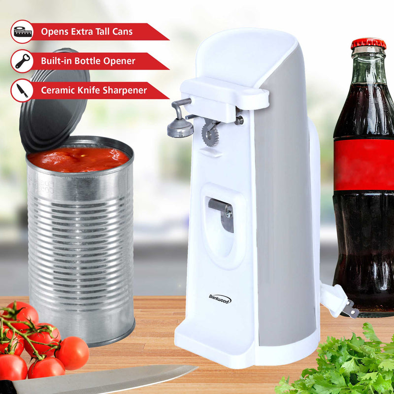 Brentwood J-30W Tall Electric Can Opener with Knife Sharpener & Bottle Opener, White