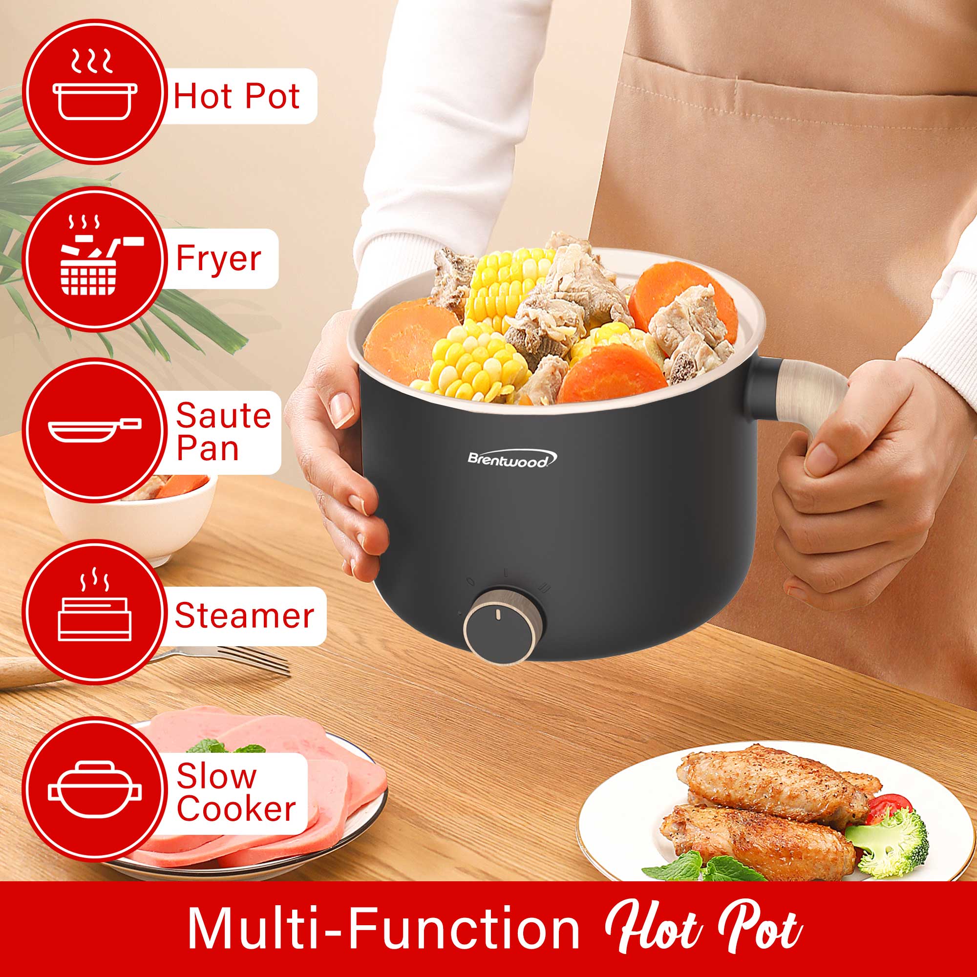 Brentwood HP-3170BK 1.5-Liter Multi-Function Electric Hot Pot Cooker with Ceramic Non-Stick Coating, White