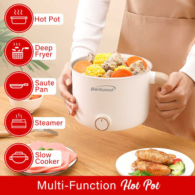 Brentwood HP-3170W 1.5-Liter Multi-Function Electric Hot Pot Cooker with Ceramic Non-Stick Coating, White