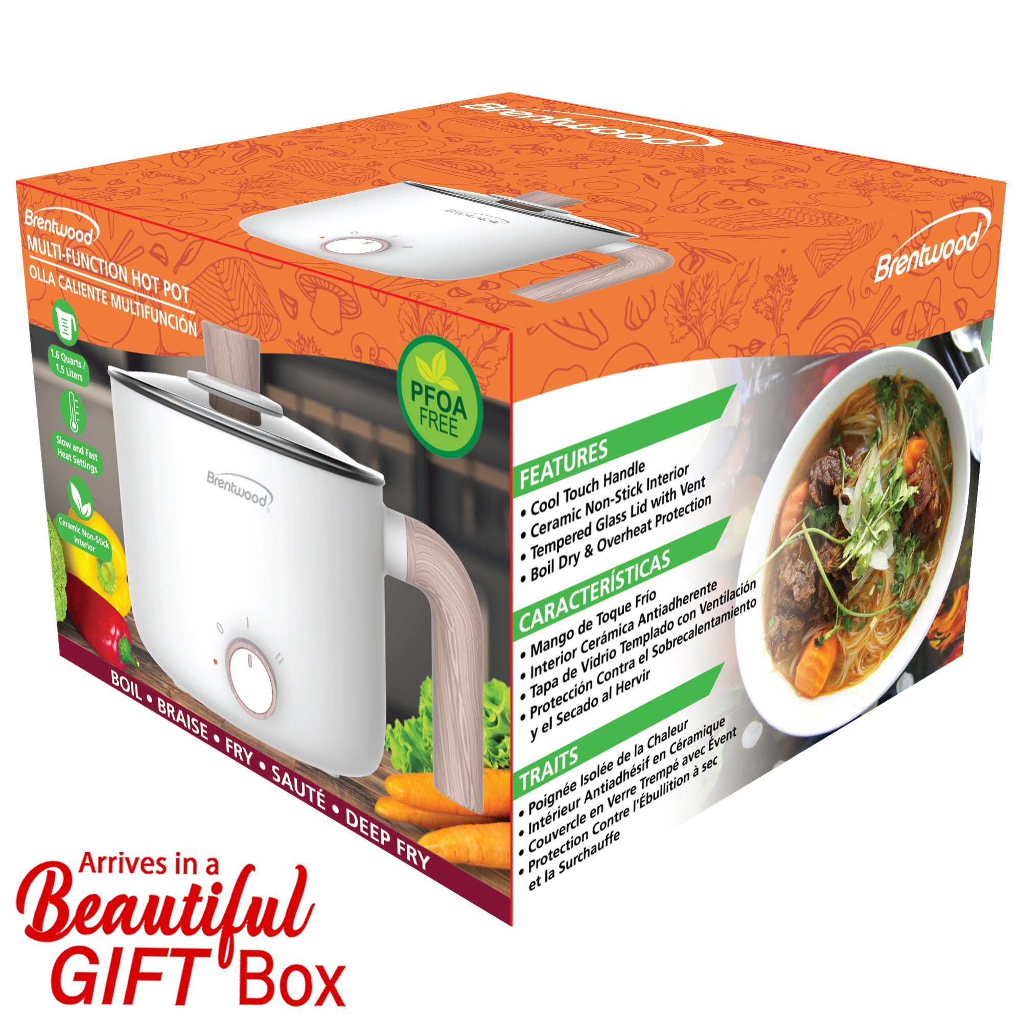 Brentwood HP-3170W 1.5-Liter Multi-Function Electric Hot Pot Cooker with Ceramic Non-Stick Coating, White