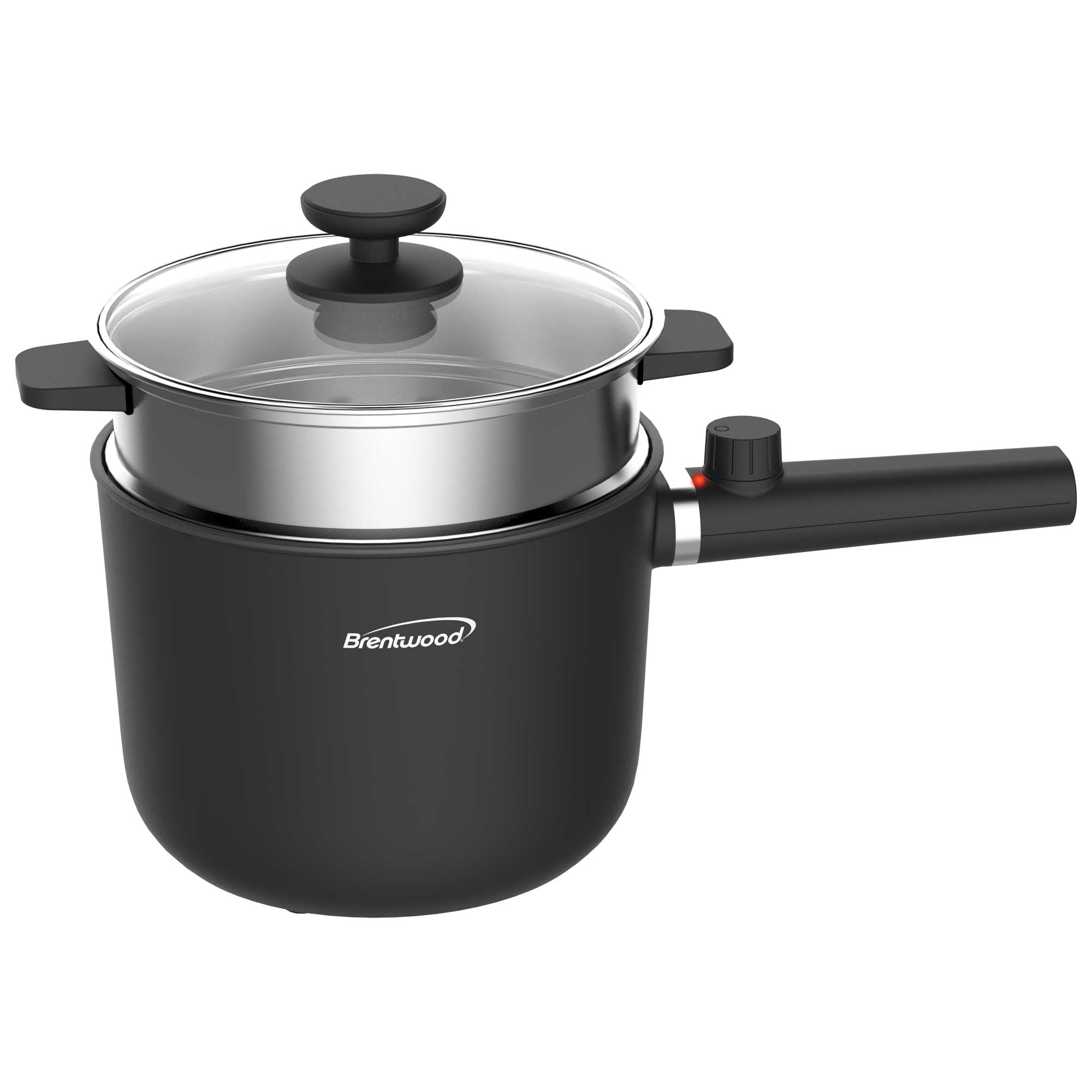 Brentwood HPS-3150BK 1.5-Liter Multi-Function Electric Hot Pot Cooker with Ceramic Non-Stick Ceramic Coating and Stainless-Steel Food Steamer, Black