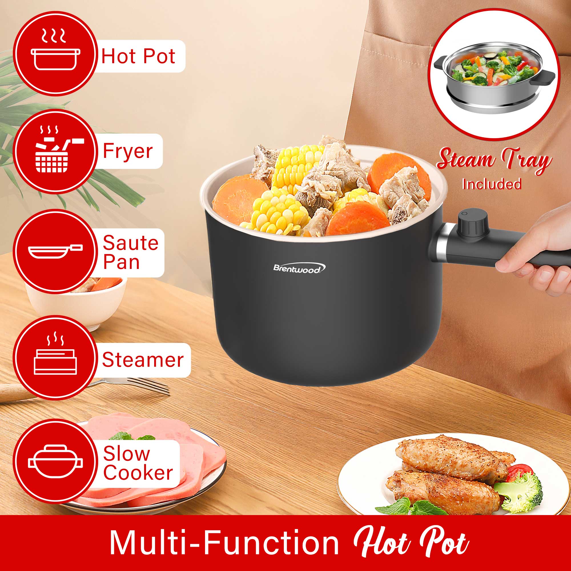 Brentwood HPS-3150BK 1.5-Liter Multi-Function Electric Hot Pot Cooker with Ceramic Non-Stick Ceramic Coating and Stainless-Steel Food Steamer, Black