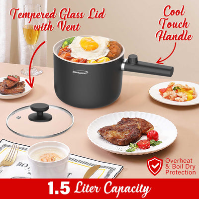 Brentwood HPS-3150BK 1.5-Liter Multi-Function Electric Hot Pot Cooker with Ceramic Non-Stick Ceramic Coating and Stainless-Steel Food Steamer, Black