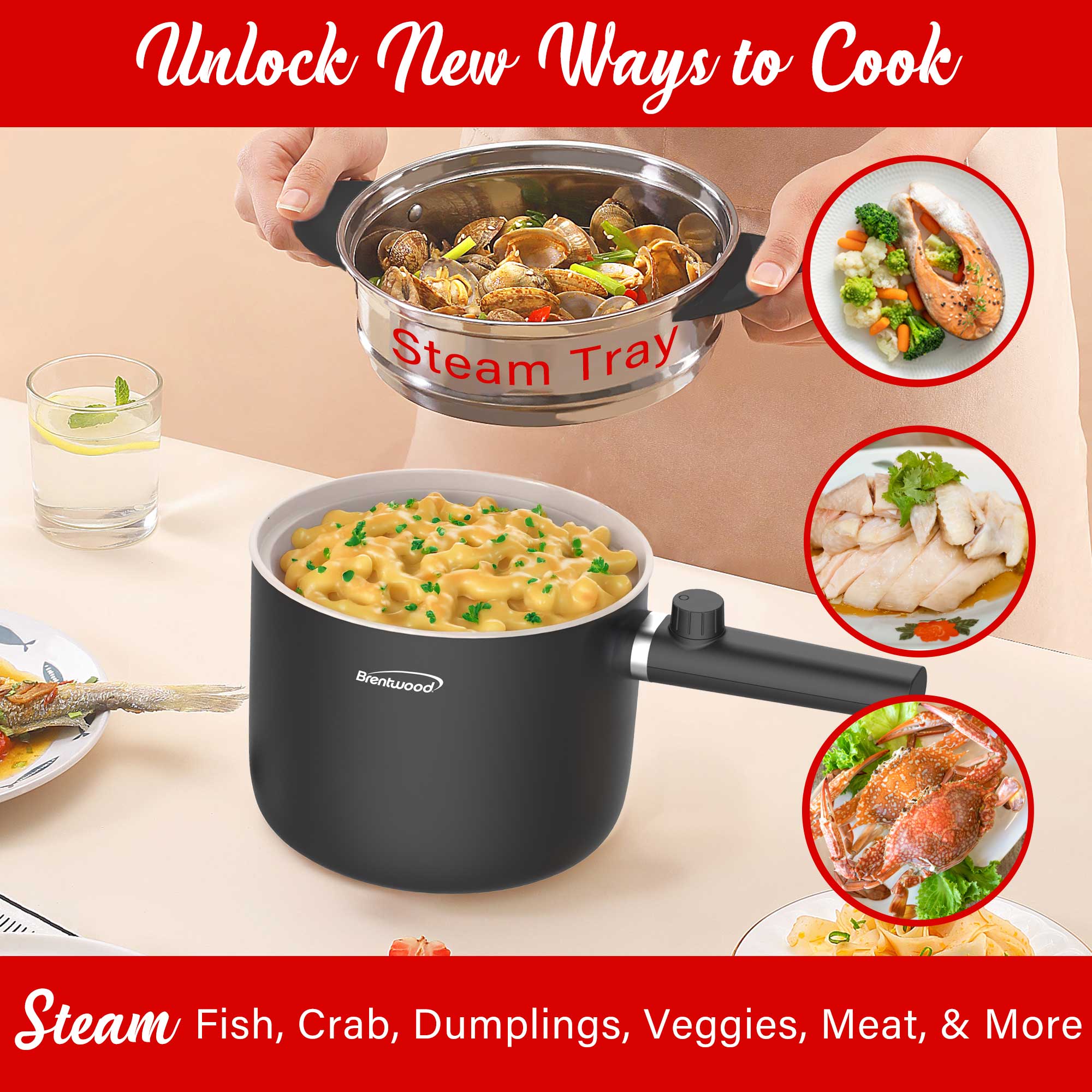 Brentwood HPS-3150BK 1.5-Liter Multi-Function Electric Hot Pot Cooker with Ceramic Non-Stick Ceramic Coating and Stainless-Steel Food Steamer, Black