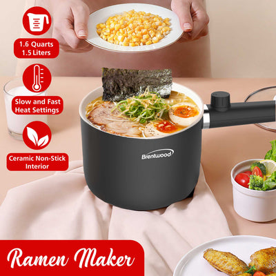 Brentwood HPS-3150BK 1.5-Liter Multi-Function Electric Hot Pot Cooker with Ceramic Non-Stick Ceramic Coating and Stainless-Steel Food Steamer, Black
