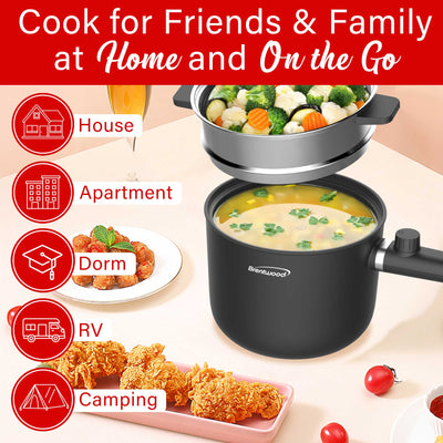 Brentwood HPS-3150BK 1.5-Liter Multi-Function Electric Hot Pot Cooker with Ceramic Non-Stick Ceramic Coating and Stainless-Steel Food Steamer, Black