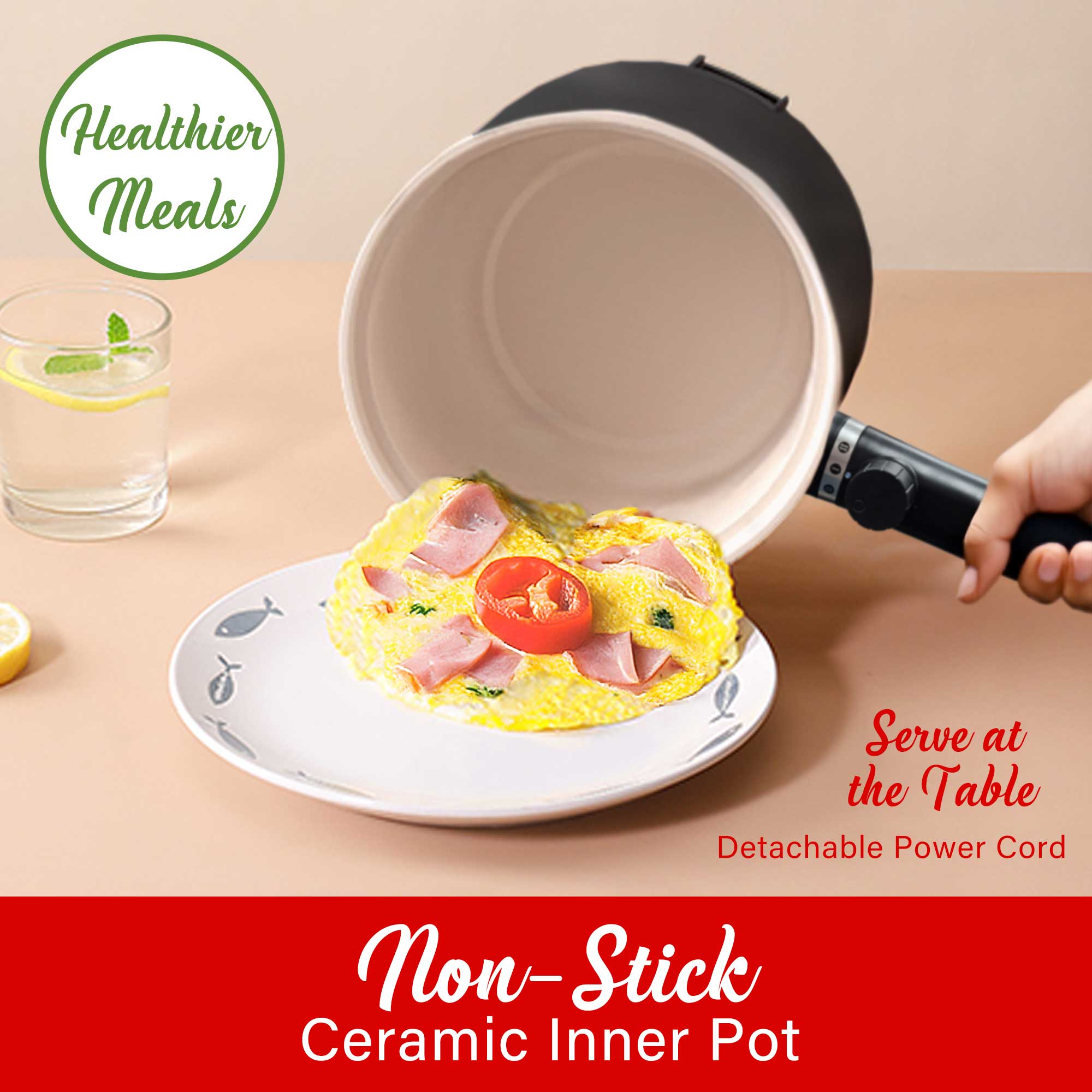 Brentwood HPS-3150BK 1.5-Liter Multi-Function Electric Hot Pot Cooker with Ceramic Non-Stick Ceramic Coating and Stainless-Steel Food Steamer, Black