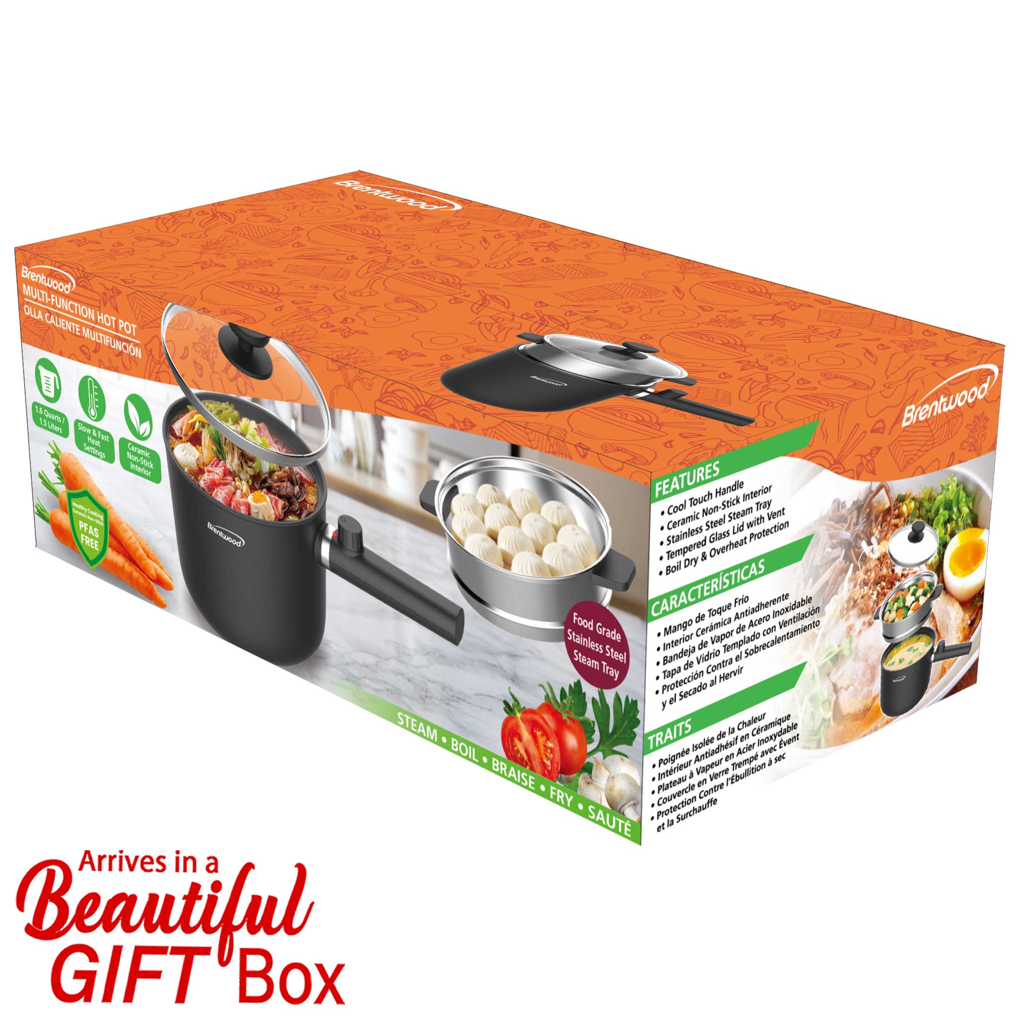 Brentwood HPS-3150BK 1.5-Liter Multi-Function Electric Hot Pot Cooker with Ceramic Non-Stick Ceramic Coating and Stainless-Steel Food Steamer, Black