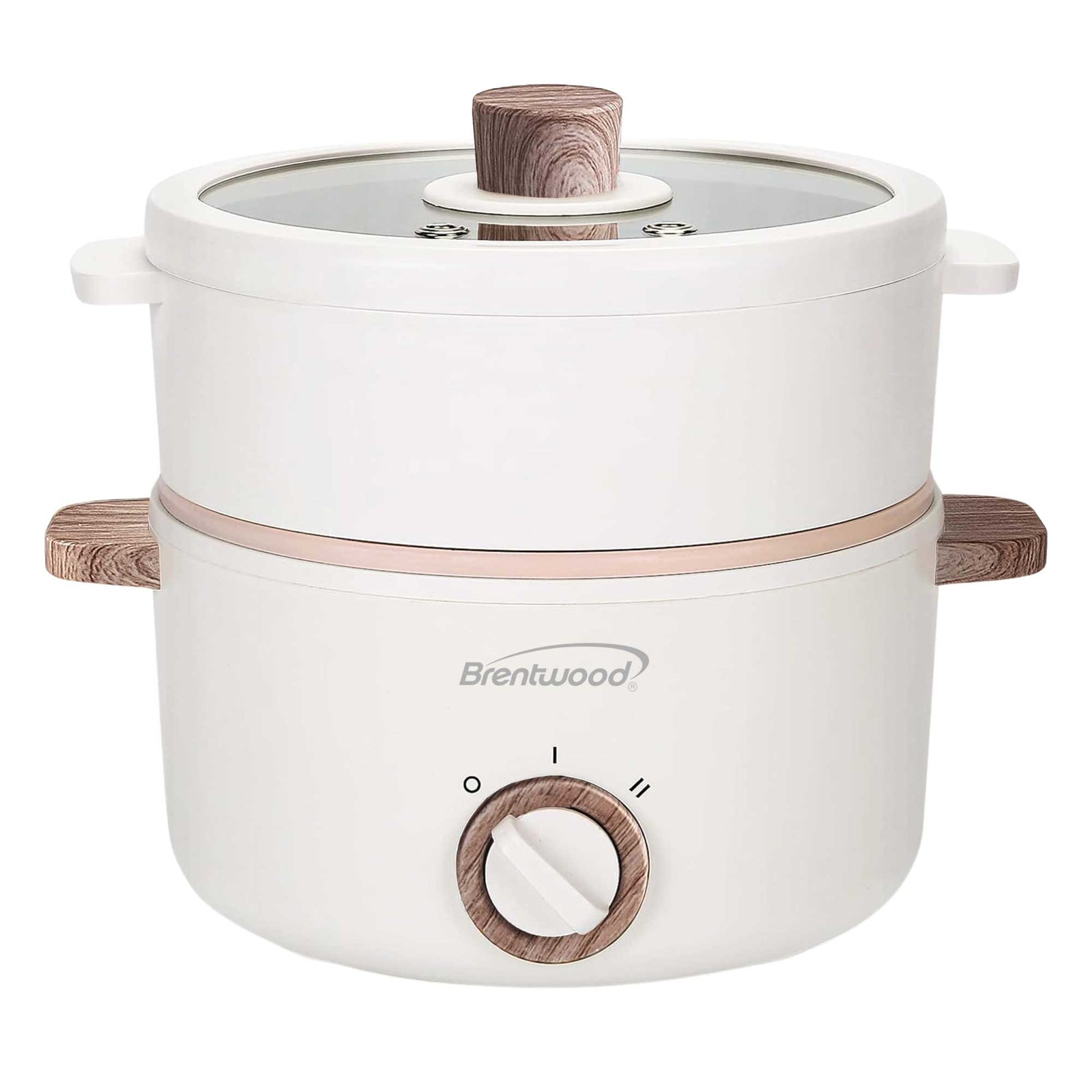 Brentwood HPS-3162W 1.5-Liter Multi-Function Electric Hot Pot Cooker with Ceramic Non-Stick Ceramic Coating and Stainless-Steel Food Steamer, White