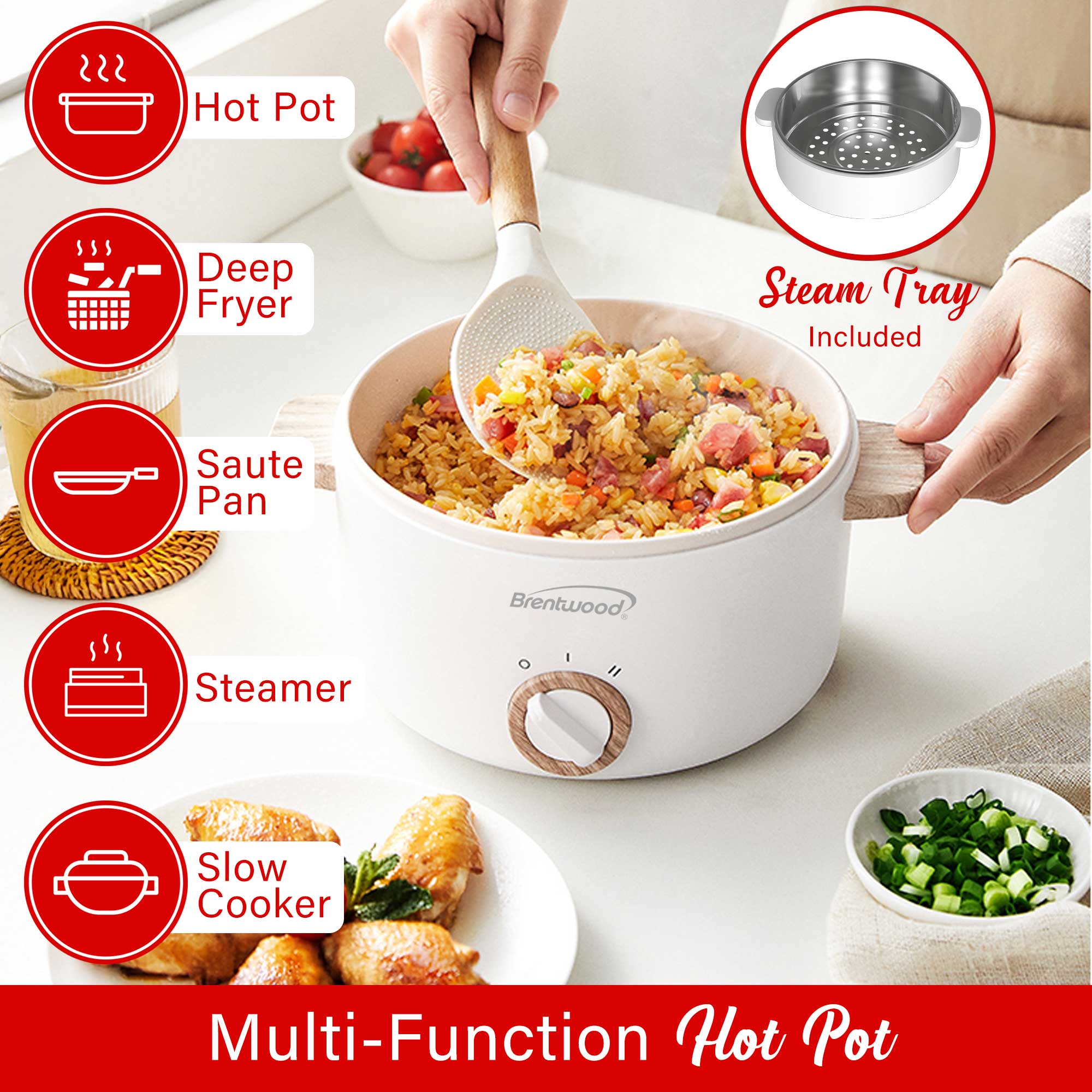 Brentwood HPS-3162W 1.5-Liter Multi-Function Electric Hot Pot Cooker with Ceramic Non-Stick Ceramic Coating and Stainless-Steel Food Steamer, White