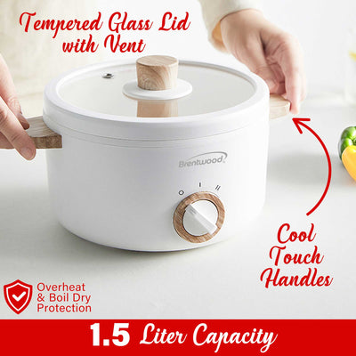 Brentwood HPS-3162W 1.5-Liter Multi-Function Electric Hot Pot Cooker with Ceramic Non-Stick Ceramic Coating and Stainless-Steel Food Steamer, White