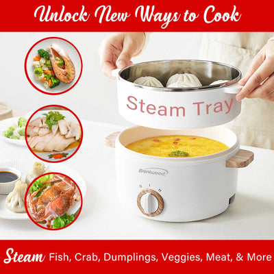 Brentwood HPS-3162W 1.5-Liter Multi-Function Electric Hot Pot Cooker with Ceramic Non-Stick Ceramic Coating and Stainless-Steel Food Steamer, White