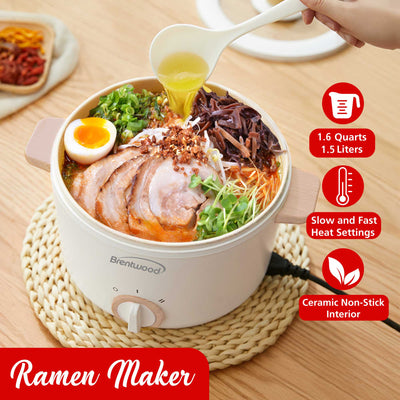 Brentwood HPS-3162W 1.5-Liter Multi-Function Electric Hot Pot Cooker with Ceramic Non-Stick Ceramic Coating and Stainless-Steel Food Steamer, White