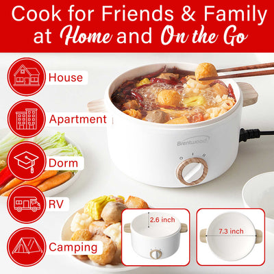 Brentwood HPS-3162W 1.5-Liter Multi-Function Electric Hot Pot Cooker with Ceramic Non-Stick Ceramic Coating and Stainless-Steel Food Steamer, White