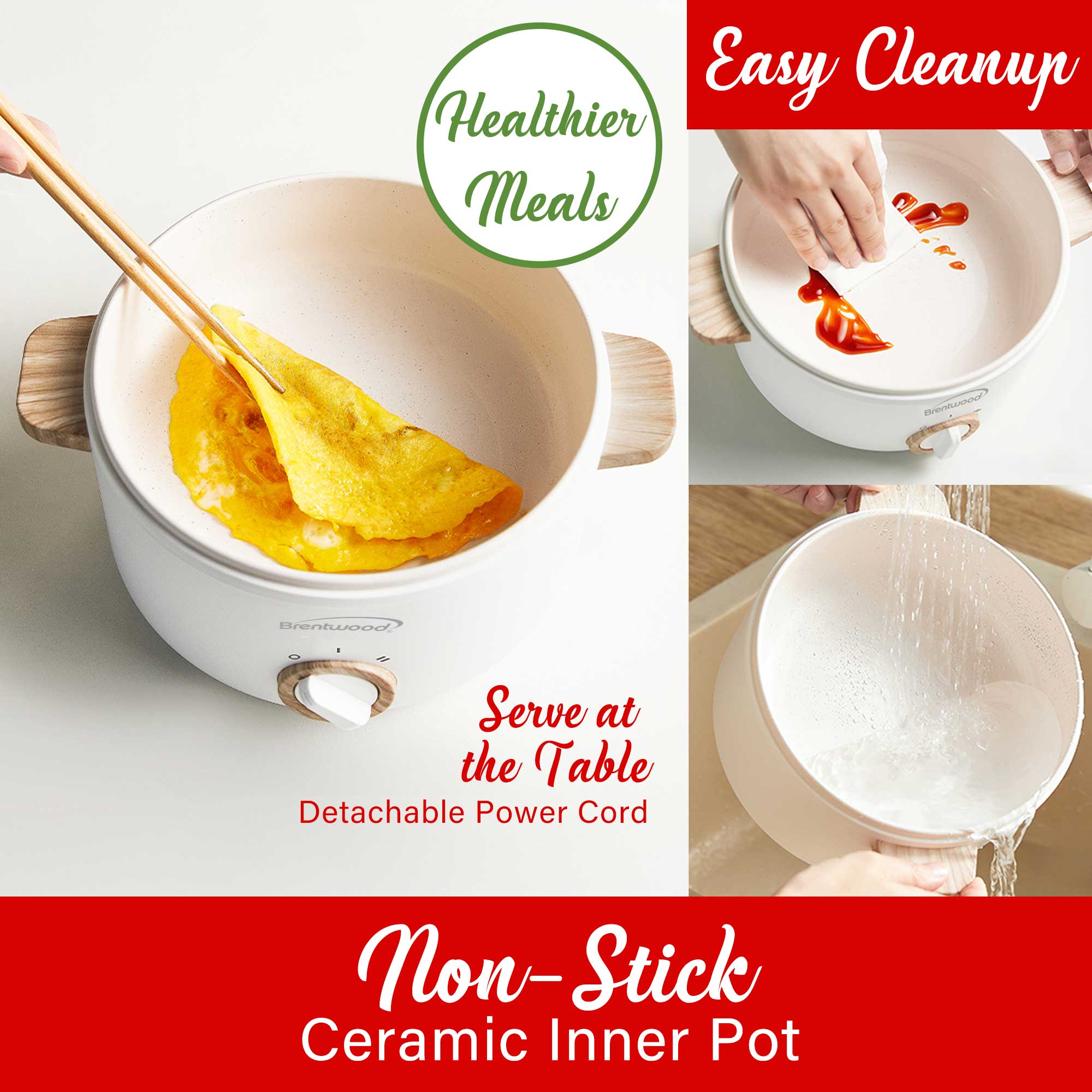 Brentwood HPS-3162W 1.5-Liter Multi-Function Electric Hot Pot Cooker with Ceramic Non-Stick Ceramic Coating and Stainless-Steel Food Steamer, White