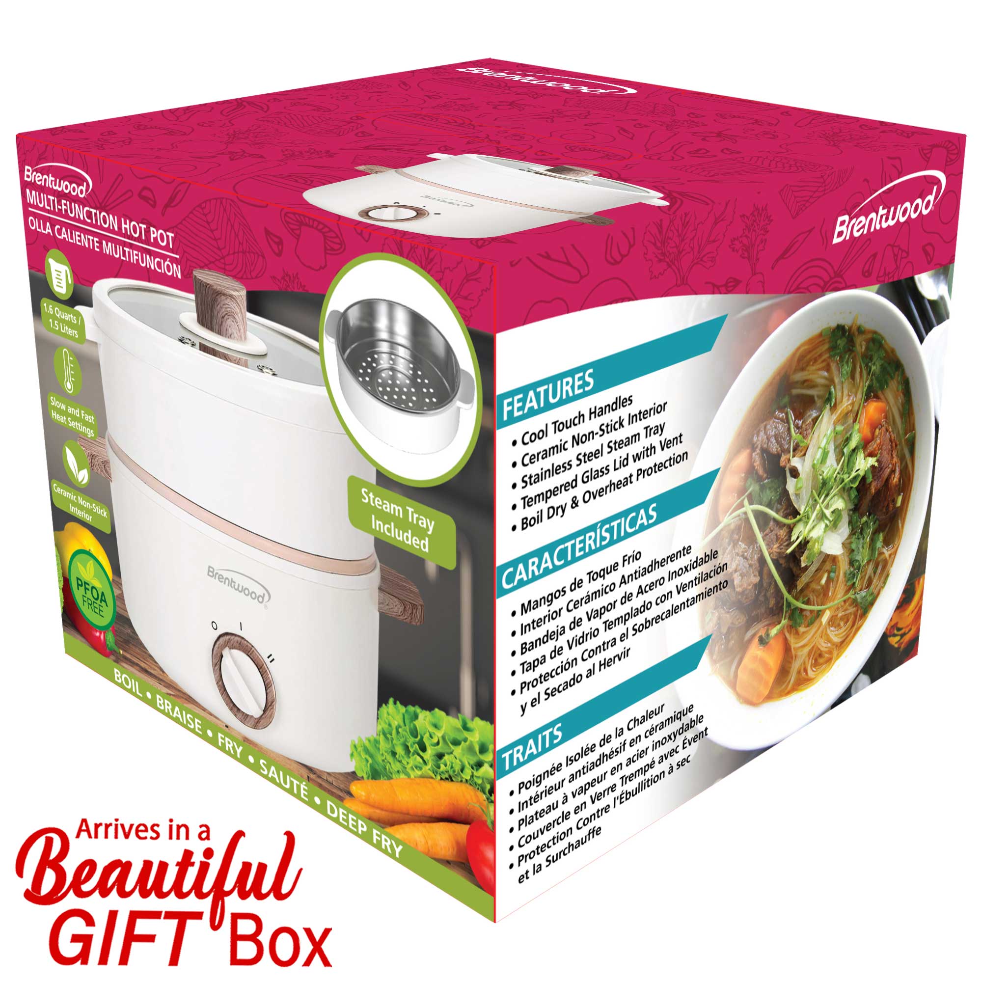 Brentwood HPS-3162W 1.5-Liter Multi-Function Electric Hot Pot Cooker with Ceramic Non-Stick Ceramic Coating and Stainless-Steel Food Steamer, White