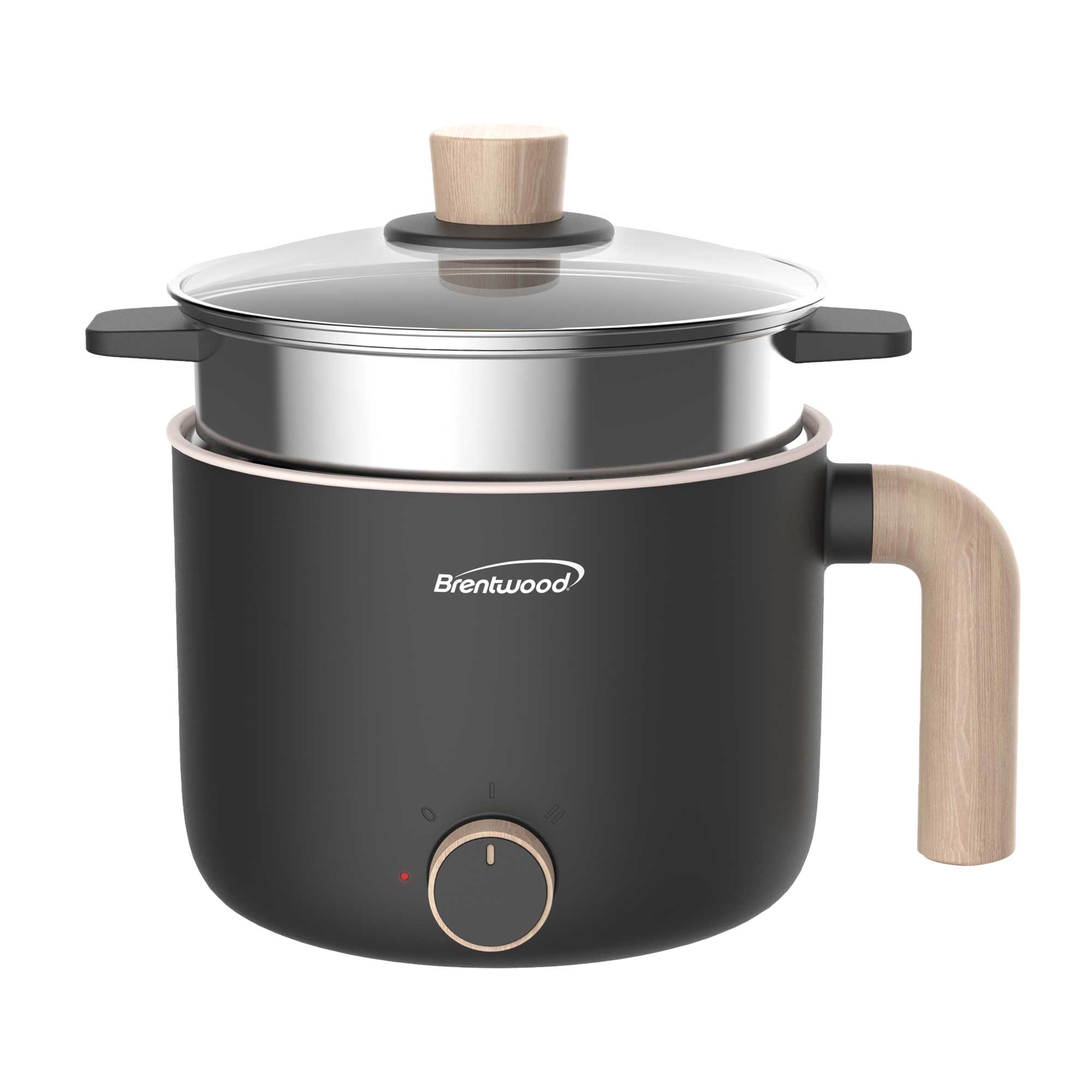 Brentwood HPS-3172BK 1.5-Liter Multi-Function Electric Hot Pot Cooker with Ceramic Non-Stick Ceramic Coating and Stainless-Steel Food Steamer, Black