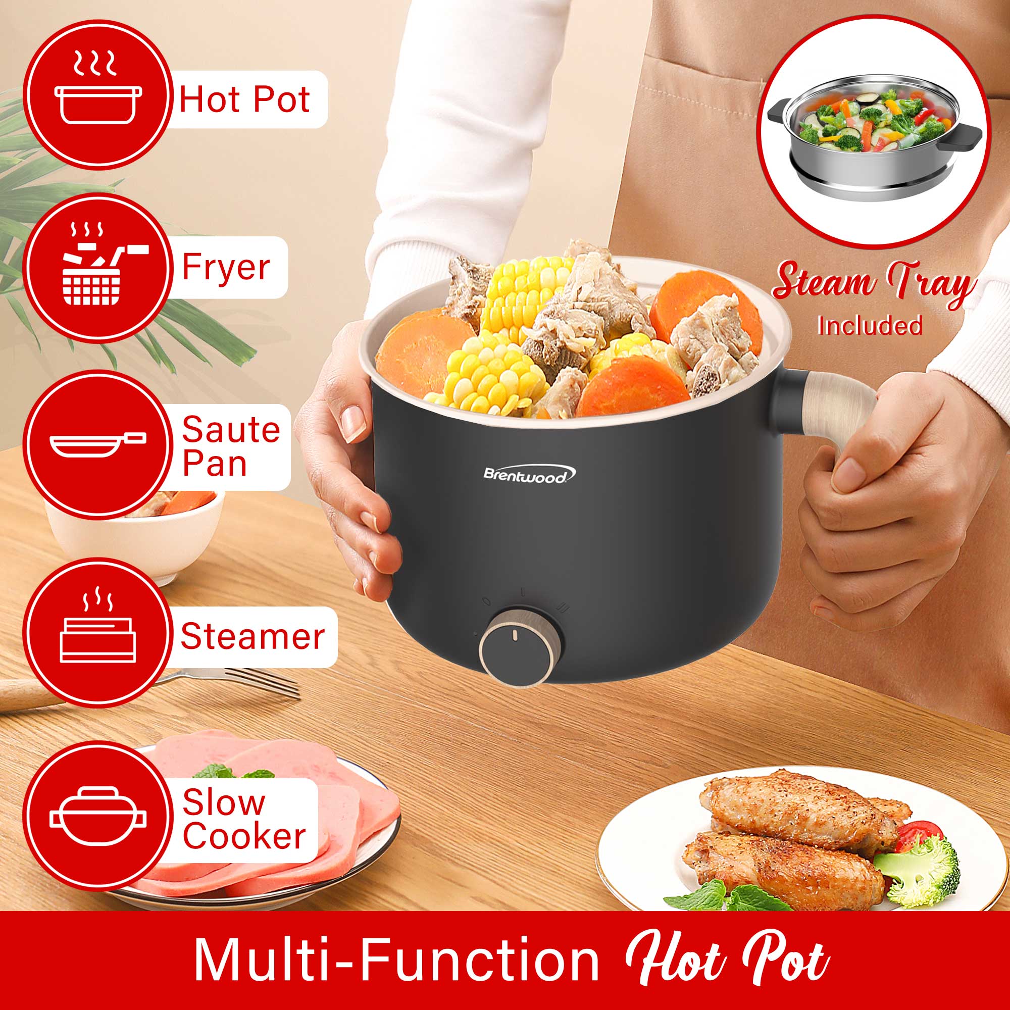 Brentwood HPS-3172BK 1.5-Liter Multi-Function Electric Hot Pot Cooker with Ceramic Non-Stick Ceramic Coating and Stainless-Steel Food Steamer, Black