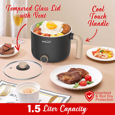 Brentwood HPS-3172BK 1.5-Liter Multi-Function Electric Hot Pot Cooker with Ceramic Non-Stick Ceramic Coating and Stainless-Steel Food Steamer, Black