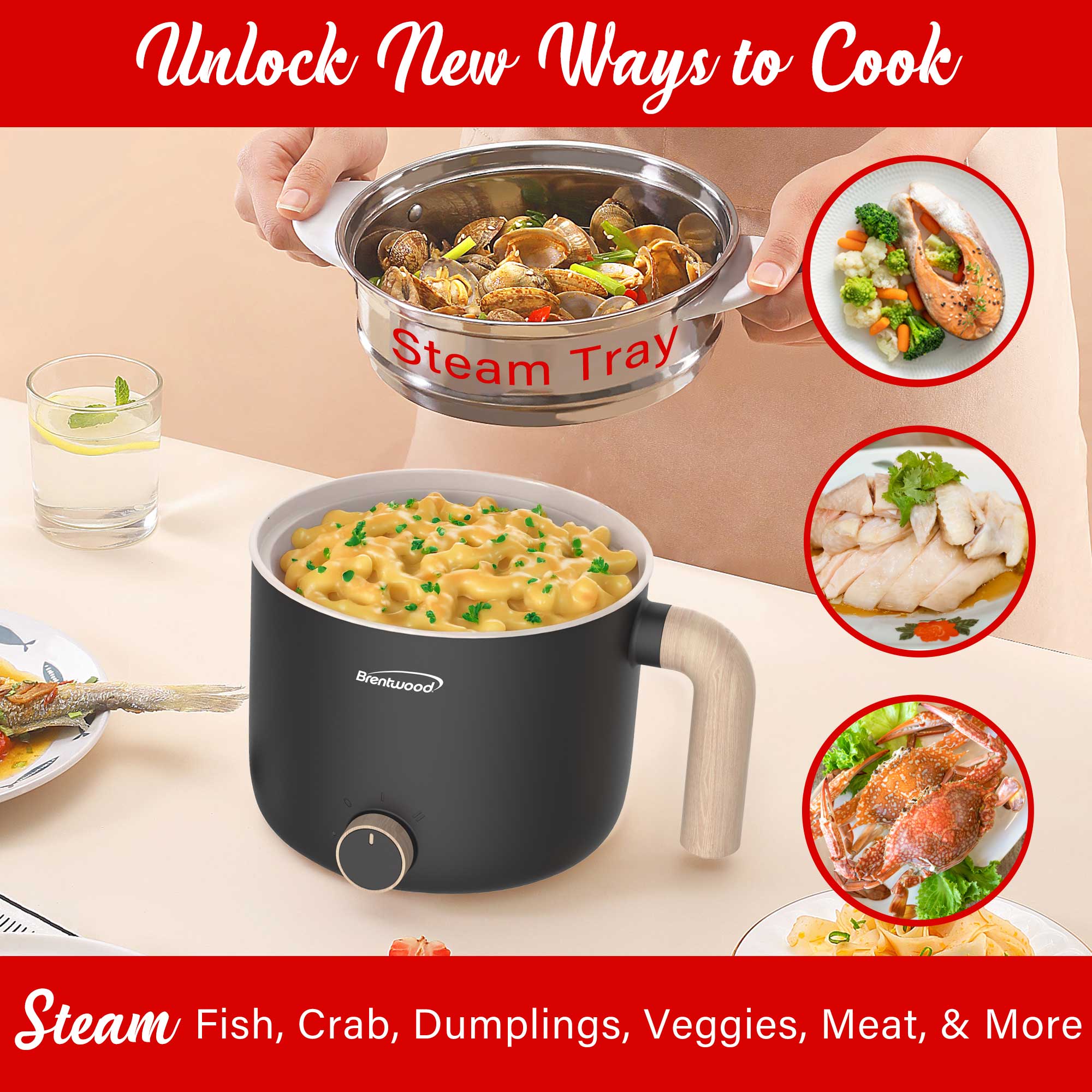 Brentwood HPS-3172BK 1.5-Liter Multi-Function Electric Hot Pot Cooker with Ceramic Non-Stick Ceramic Coating and Stainless-Steel Food Steamer, Black