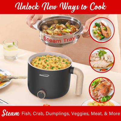Brentwood HPS-3172BK 1.5-Liter Multi-Function Electric Hot Pot Cooker with Ceramic Non-Stick Ceramic Coating and Stainless-Steel Food Steamer, Black