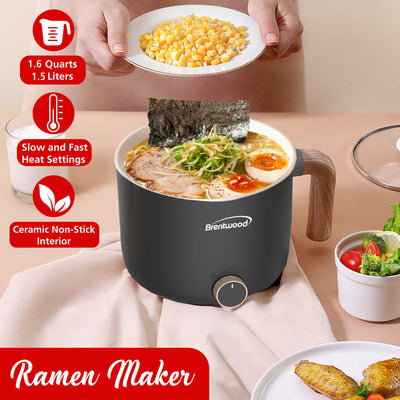 Brentwood HPS-3172BK 1.5-Liter Multi-Function Electric Hot Pot Cooker with Ceramic Non-Stick Ceramic Coating and Stainless-Steel Food Steamer, Black