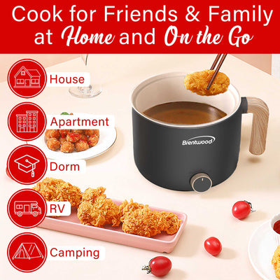 Brentwood HPS-3172BK 1.5-Liter Multi-Function Electric Hot Pot Cooker with Ceramic Non-Stick Ceramic Coating and Stainless-Steel Food Steamer, Black