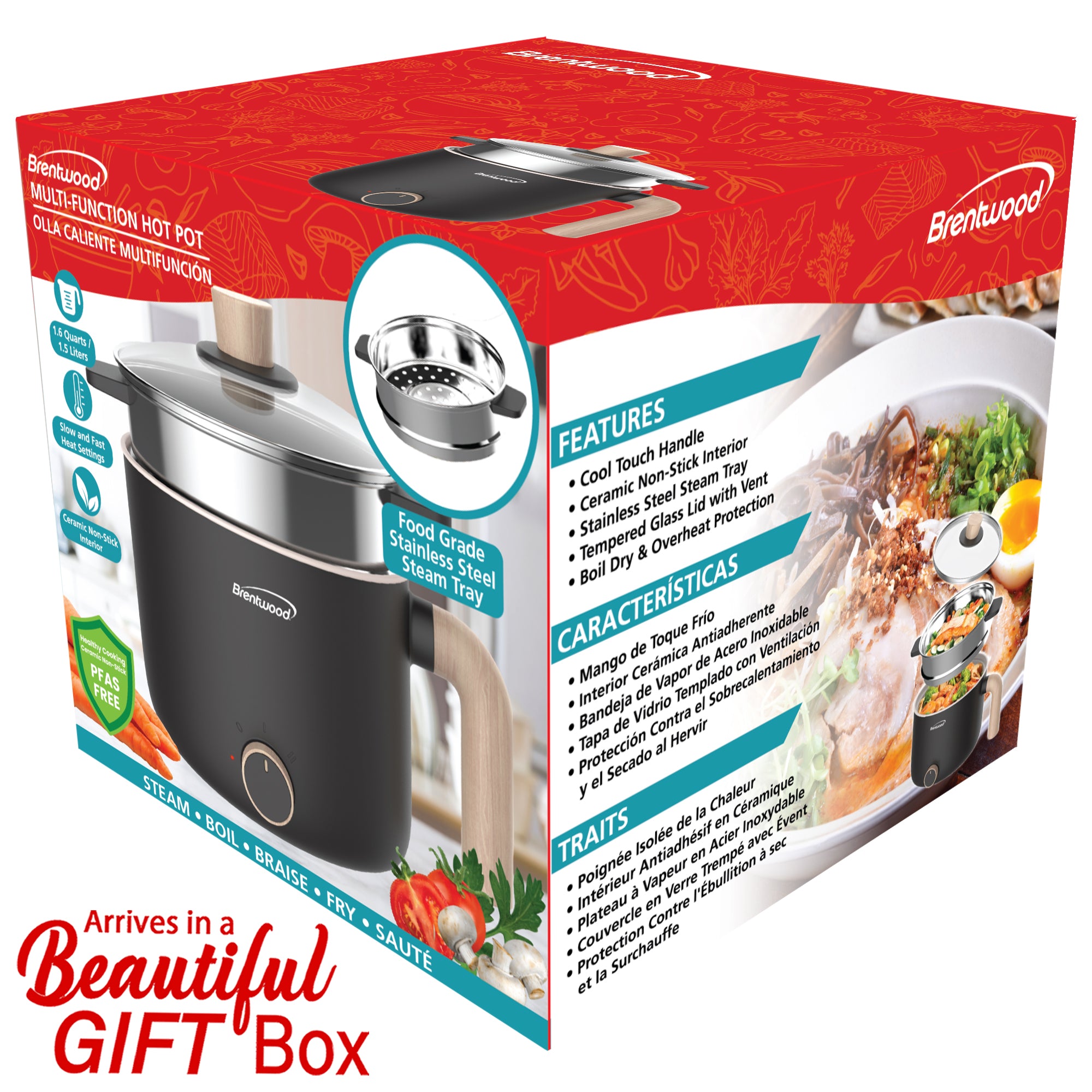 Brentwood HPS-3172BK 1.5-Liter Multi-Function Electric Hot Pot Cooker with Ceramic Non-Stick Ceramic Coating and Stainless-Steel Food Steamer, Black