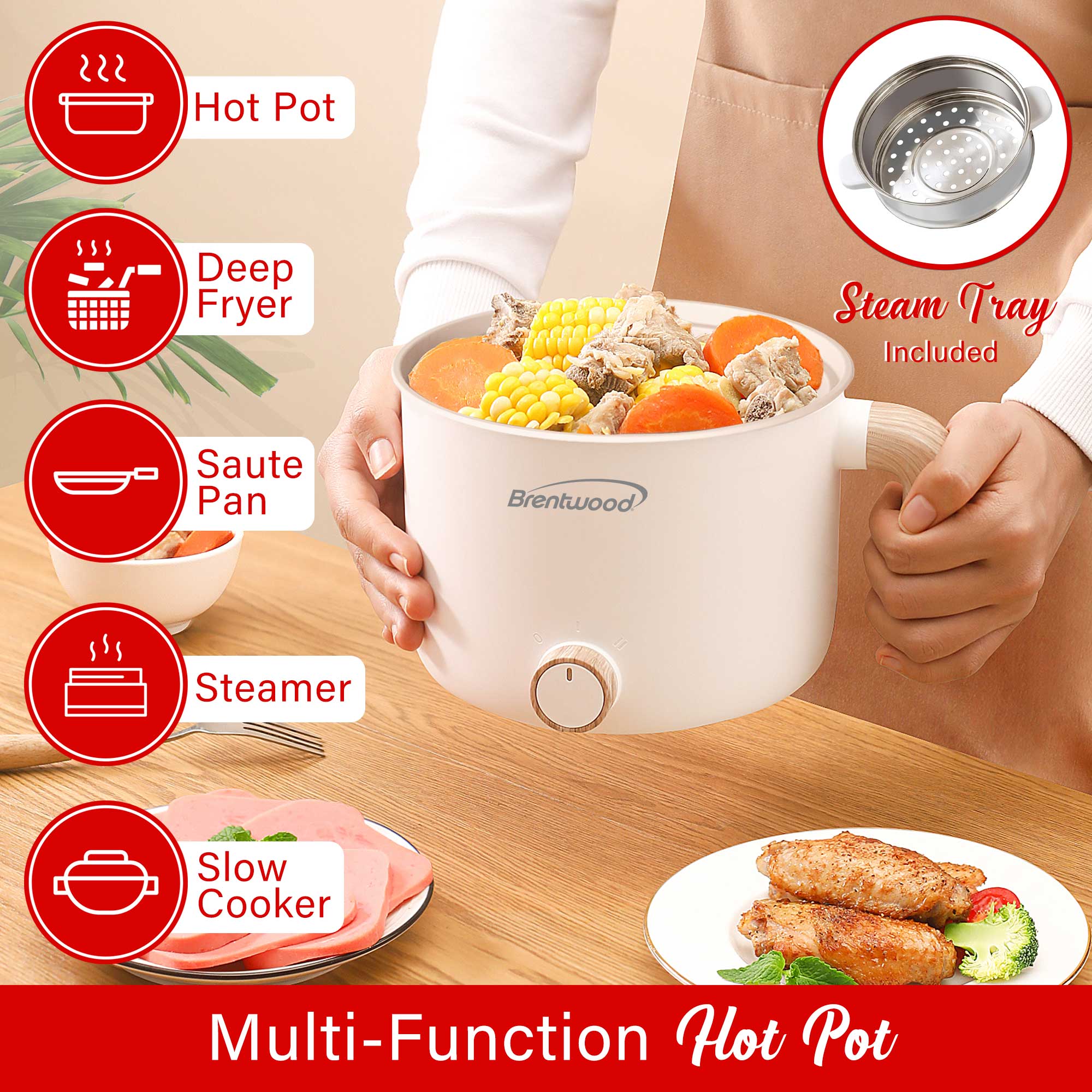 Brentwood HPS-3172W 1.5-Liter Multi-Function Electric Hot Pot Cooker with Ceramic Non-Stick Ceramic Coating and Stainless-Steel Food Steamer, White
