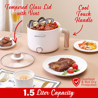 Brentwood HPS-3172W 1.5-Liter Multi-Function Electric Hot Pot Cooker with Ceramic Non-Stick Ceramic Coating and Stainless-Steel Food Steamer, White