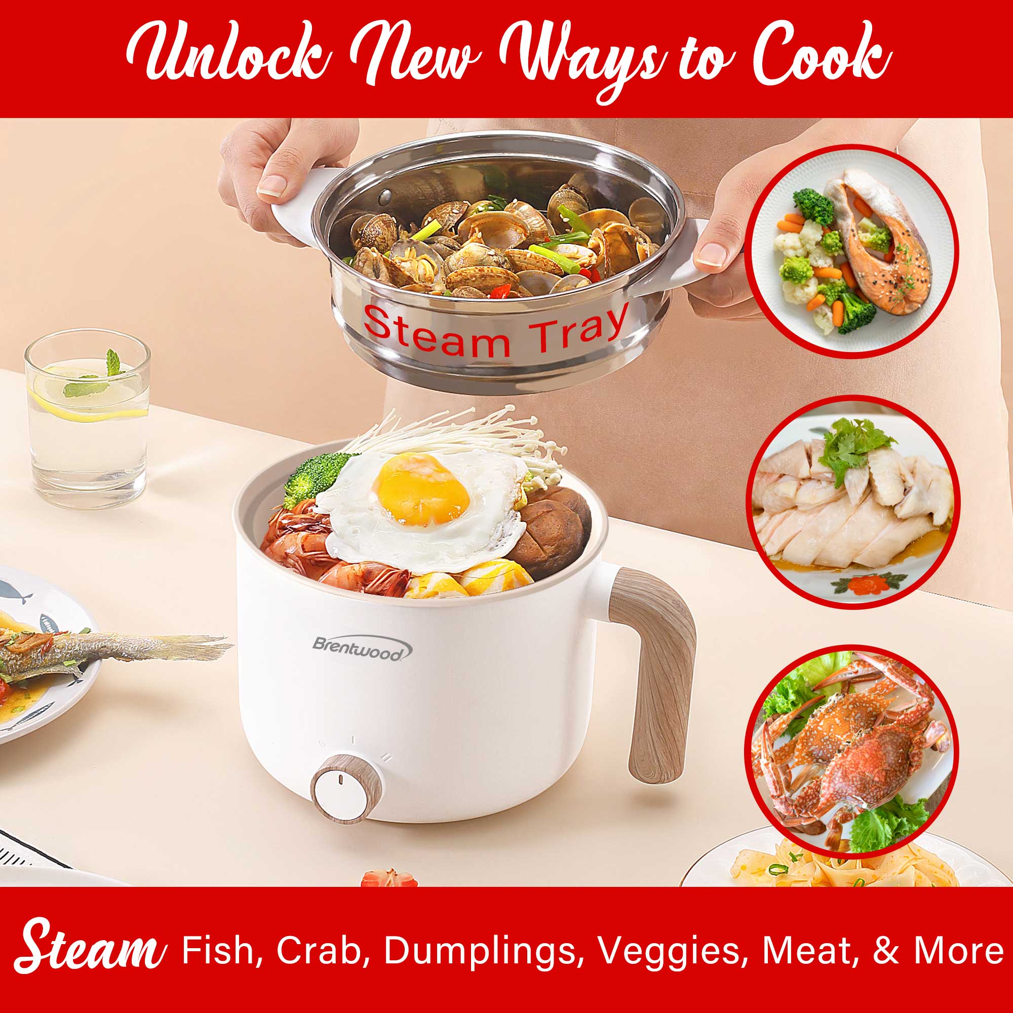 Brentwood HPS-3172W 1.5-Liter Multi-Function Electric Hot Pot Cooker with Ceramic Non-Stick Ceramic Coating and Stainless-Steel Food Steamer, White
