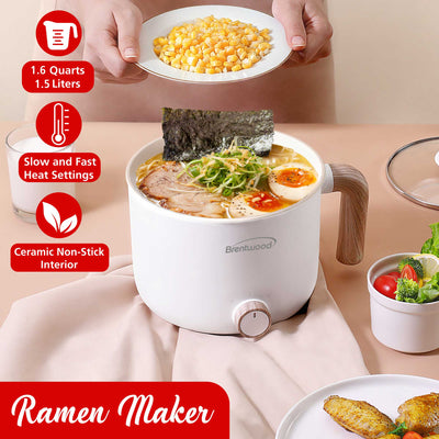 Brentwood HPS-3172W 1.5-Liter Multi-Function Electric Hot Pot Cooker with Ceramic Non-Stick Ceramic Coating and Stainless-Steel Food Steamer, White