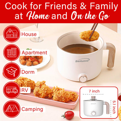 Brentwood HPS-3172W 1.5-Liter Multi-Function Electric Hot Pot Cooker with Ceramic Non-Stick Ceramic Coating and Stainless-Steel Food Steamer, White