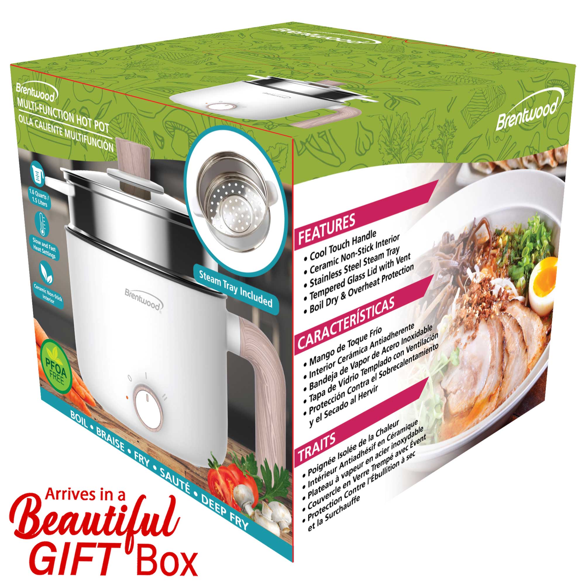 Brentwood HPS-3172W 1.5-Liter Multi-Function Electric Hot Pot Cooker with Ceramic Non-Stick Ceramic Coating and Stainless-Steel Food Steamer, White