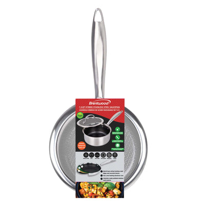 Brentwood B-SPH16L 1.5-Quart 3-Ply Hybrid Non-Stick Stainless Steel Induction Ready Saucepan with Tempered Glass Lid, Stay Cool Handle, Compatible with All Cooktops, Oven and Dishwasher Safe