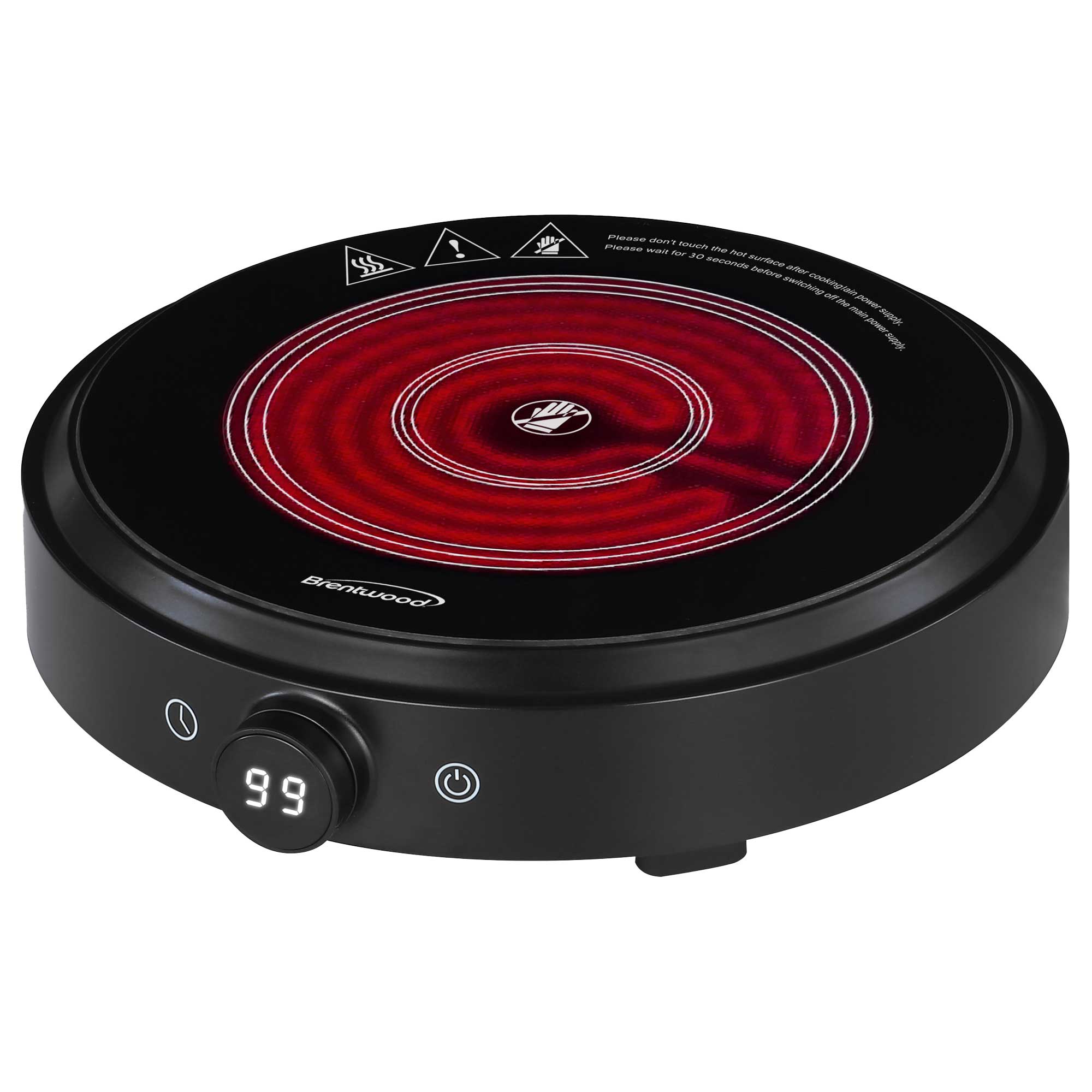 Brentwood Select TS-383DBK 1300w 10-Inch Countertop Infrared Single Burner with Digital Touch Buttons, Knob, 9 Heat Settings, 99 Minute Timer, Black
