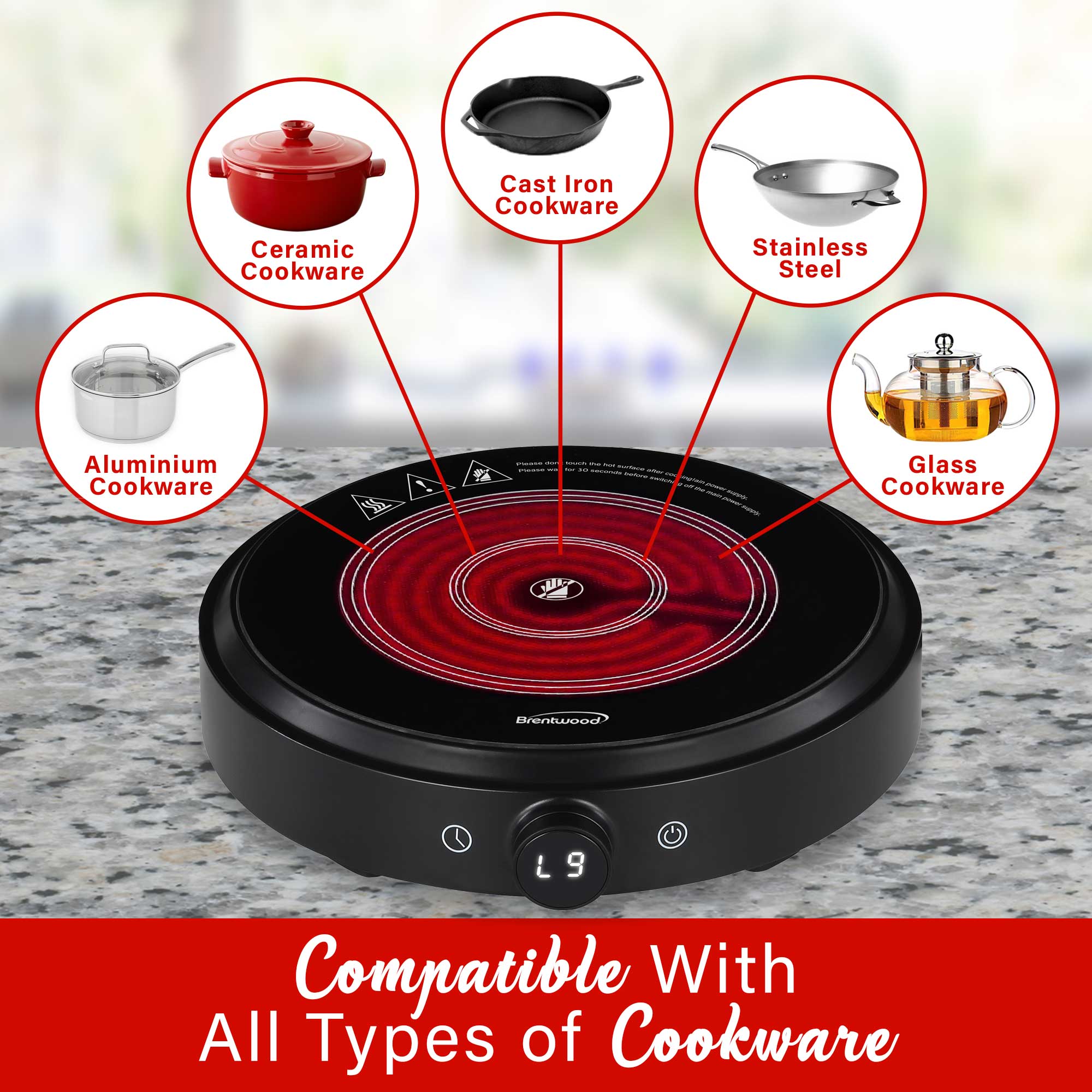 Brentwood Select TS-383DBK 1300w 10-Inch Countertop Infrared Single Burner with Digital Touch Buttons, Knob, 9 Heat Settings, 99 Minute Timer, Black