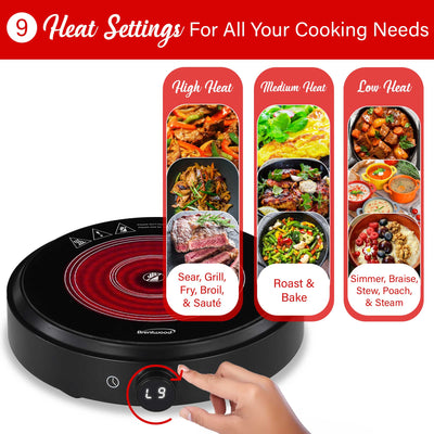 Brentwood Select TS-383DBK 1300w 10-Inch Countertop Infrared Single Burner with Digital Touch Buttons, Knob, 9 Heat Settings, 99 Minute Timer, Black