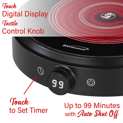 Brentwood Select TS-383DBK 1300w 10-Inch Countertop Infrared Single Burner with Digital Touch Buttons, Knob, 9 Heat Settings, 99 Minute Timer, Black