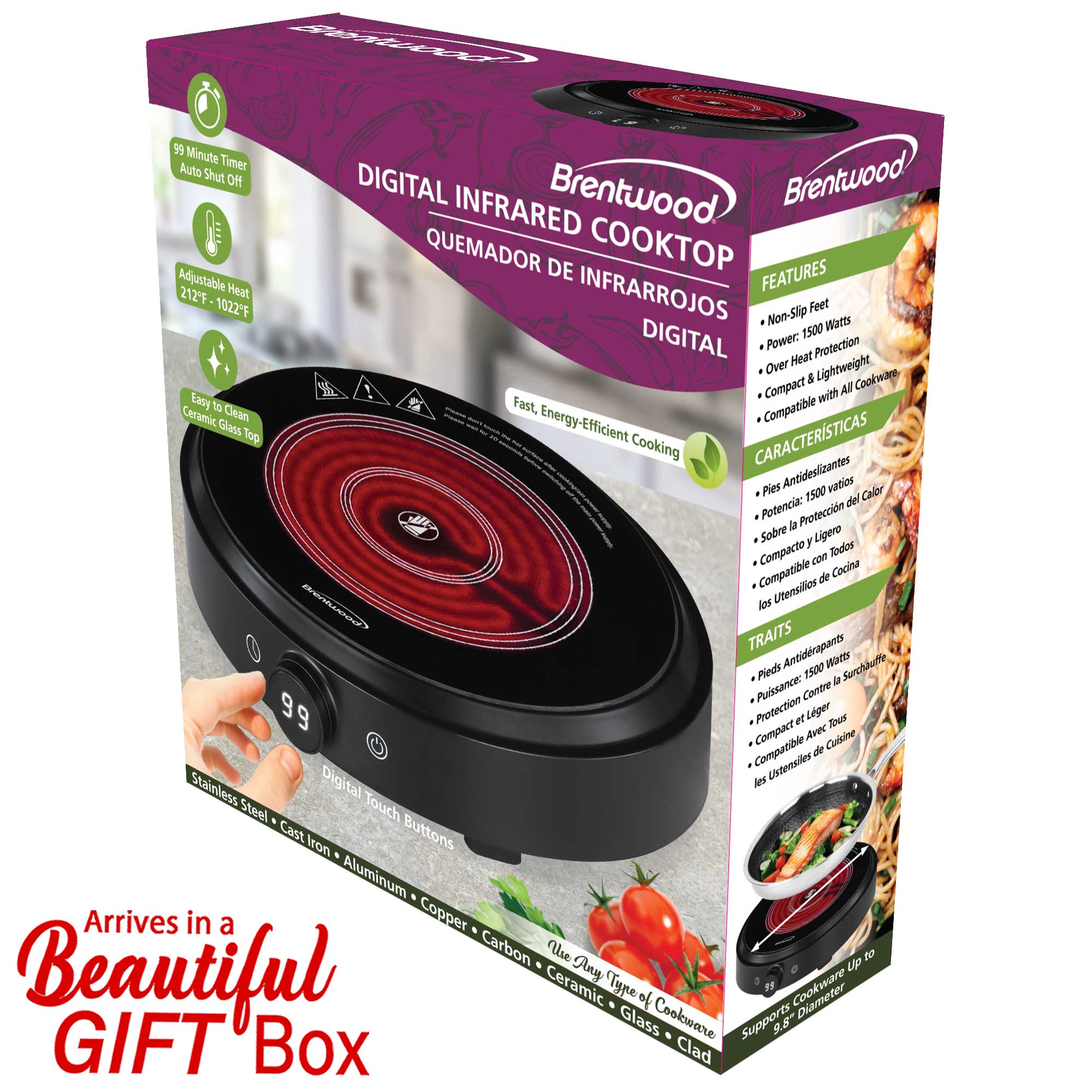 Brentwood Select TS-383DBK 1300w 10-Inch Countertop Infrared Single Burner with Digital Touch Buttons, Knob, 9 Heat Settings, 99 Minute Timer, Black