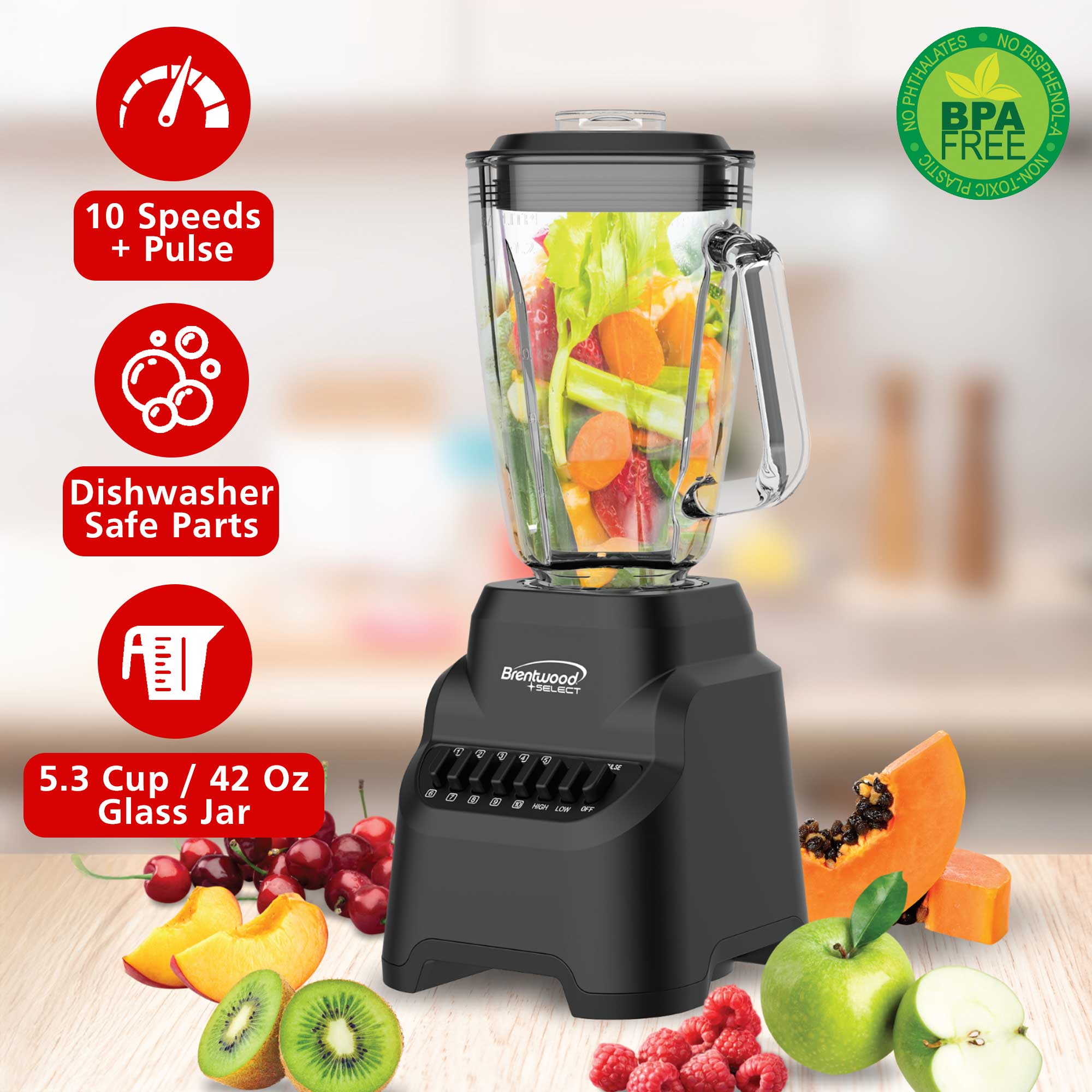 Brentwood Select JBS-500BK 10-Speed Countertop Blender with Pulse Button, 5.3-Cup Glass Jar, Stainless Steel Blades, Non-Slip Base, Dishwasher-Safe Parts, Black